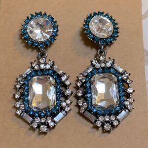 Bold Vintage Earrings 2” Faceted Blue & Clear Crystal Drop Dangle Gorgeous